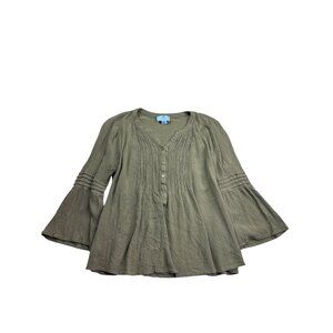Cece Green Bell Sleeve Blouse Rayon Size S Semi Sheer Flowy Forest Fairy Pleated